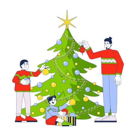 Familie schmückt gemeinsam den Weihnachtsbaum  Illustration