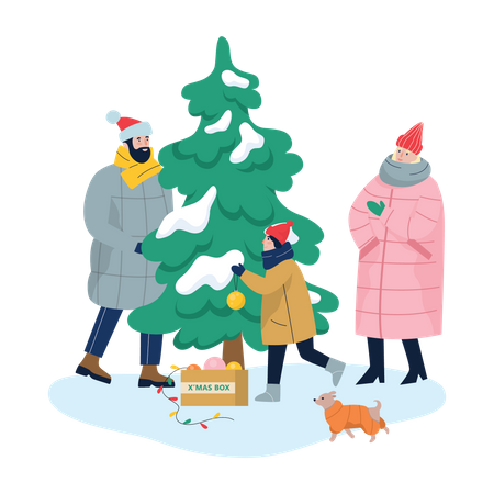 Familie schmückt Weihnachtsbaum  Illustration