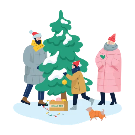 Familie schmückt Weihnachtsbaum  Illustration