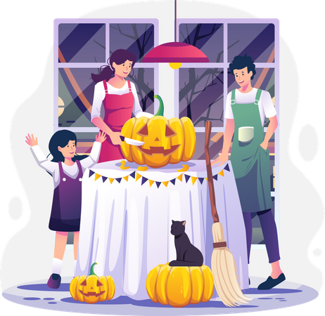Familie schnitzt zu Hause Kürbisse und bereitet sich auf Halloween vor  Illustration