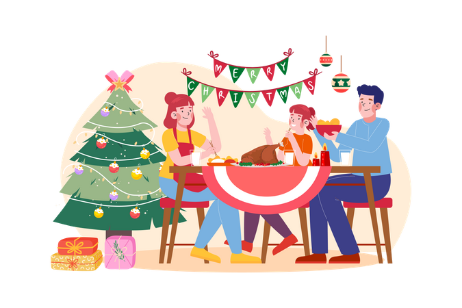 Familie serviert Abendessen in der Weihnachtsnacht  Illustration