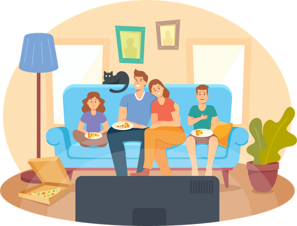 Familie sieht fern und isst Pizza zu Hause  Illustration