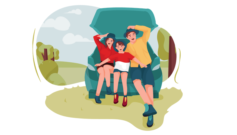 Familie sitzt im Kofferraum eines Autos  Illustration