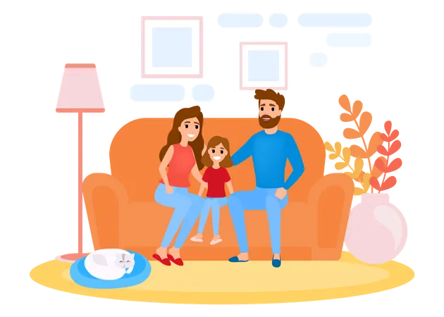Familie sitzt mit Katze zu Hause auf der Couch  Illustration