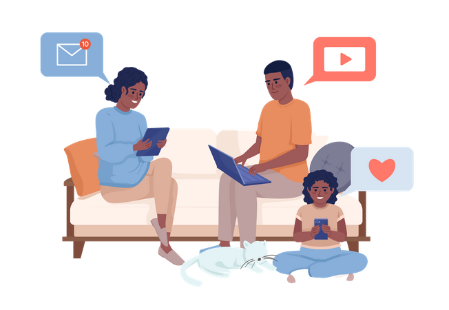 Familie sitzt mit Gadgets zusammen auf dem Sofa  Illustration