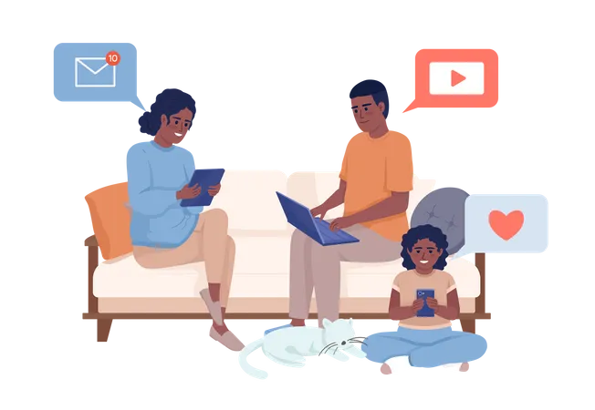 Familie sitzt mit Gadgets zusammen auf dem Sofa  Illustration