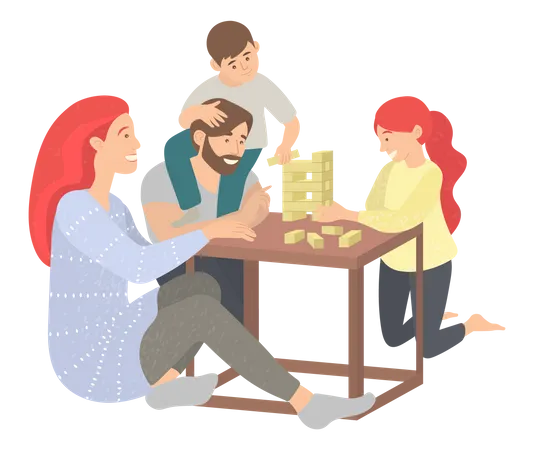 Familie spielt Jenga-Spiel  Illustration