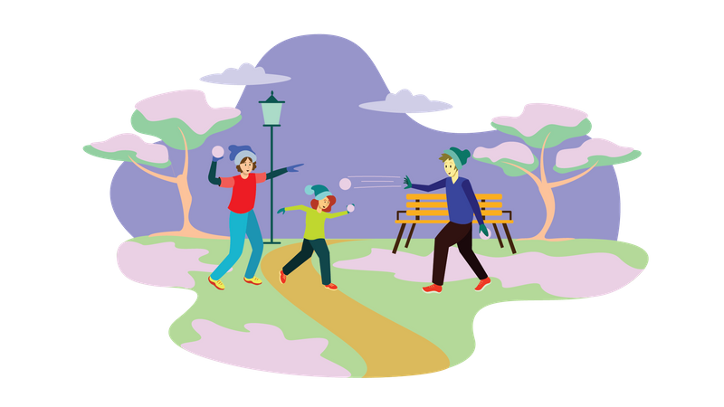 Familie spielt mit Schneebällen  Illustration