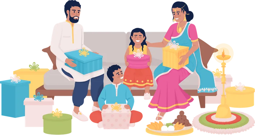 Familie tauscht Geschenke zu Diwali aus  Illustration