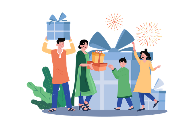 Familie tauscht Geschenke zu Diwali aus  Illustration