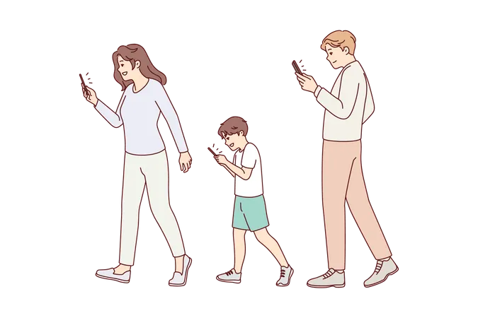 Familie telefoniert beim Spazierengehen  Illustration