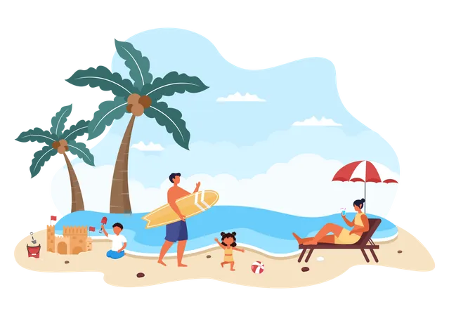 Familie verbringt Zeit am Strand  Illustration
