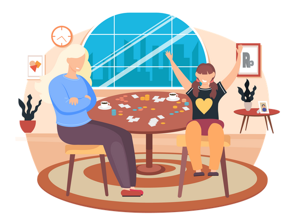 Familie verbringt Zeit mit verschiedenen Brettspielen  Illustration