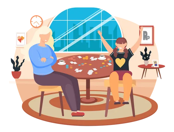 Familie verbringt Zeit mit verschiedenen Brettspielen  Illustration