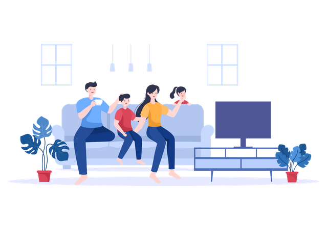 Familie vor dem Fernseher mit Kaffeetrinken  Illustration