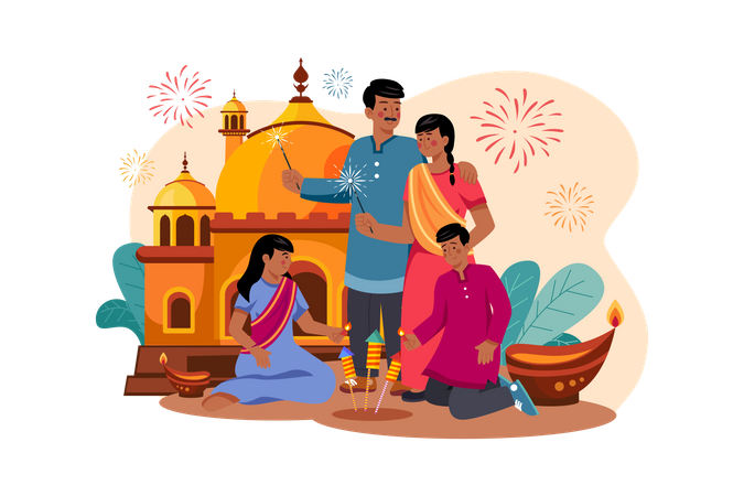 Familie zündet Feuerwerkskörper während der Diwali-Feier  Illustration