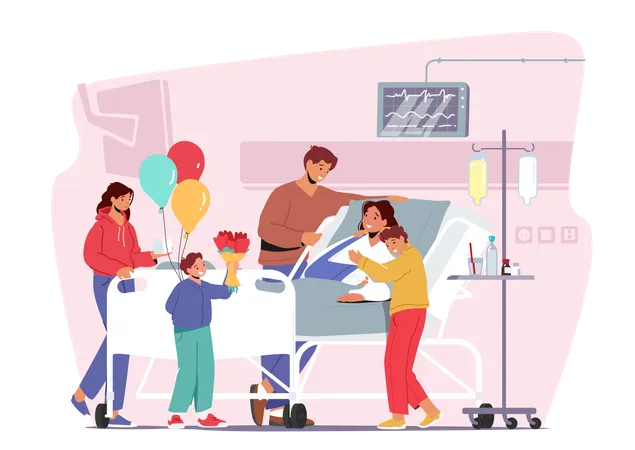 Familie besucht Mutter im Krankenhaus  Illustration