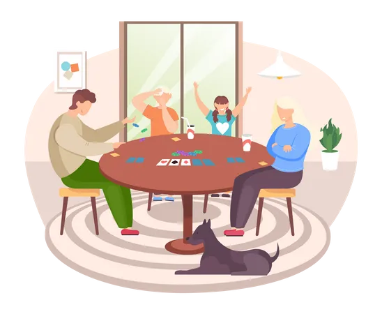 Familie spielt Brettspiel mit Karten  Illustration