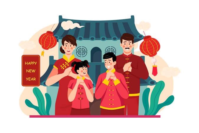 Familie grüßt das chinesische Neujahr  Illustration