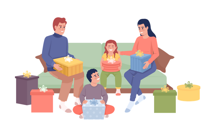 Familienmitglieder packen Geschenke aus  Illustration