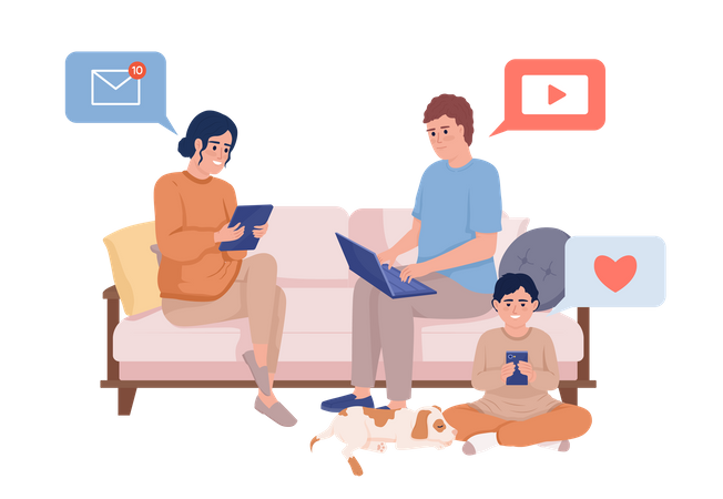 Familienmitglieder sitzen mit Geräten auf der Couch  Illustration