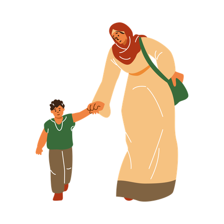 Familienmomente glückliche junge Mutter in einem Hijab hält Sohns Hand  Illustration