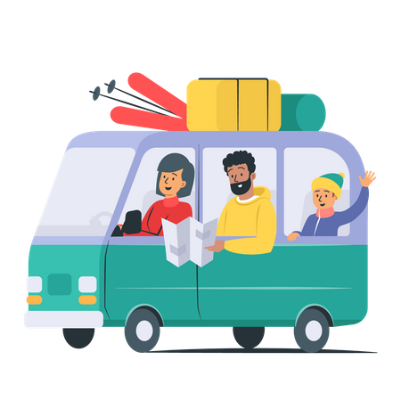 Familienreise mit dem Van und mithilfe einer Reisekarte  Illustration