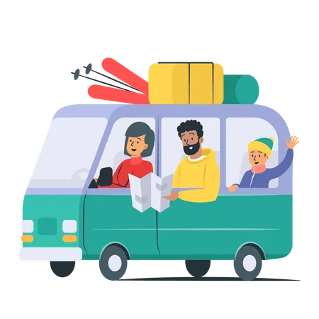 Familienreise mit dem Van und mithilfe einer Reisekarte  Illustration