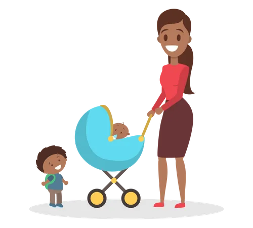 Familie mit Kind und Kinderwagen spazieren  Illustration