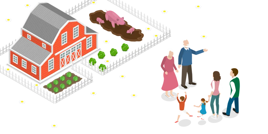 Familientreffen, Besuch bei den Großeltern im Landhaus  Illustration
