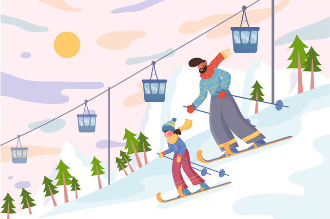 Famille à la station de ski en hiver  Illustration