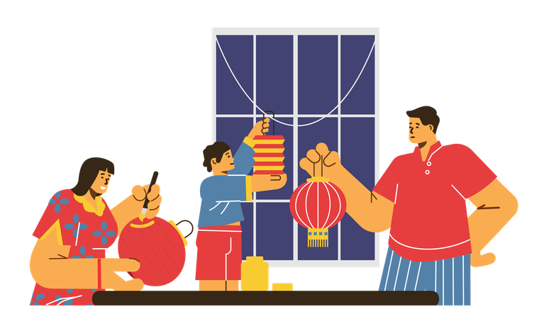 Une famille à table fabrique des lanternes chinoises  Illustration