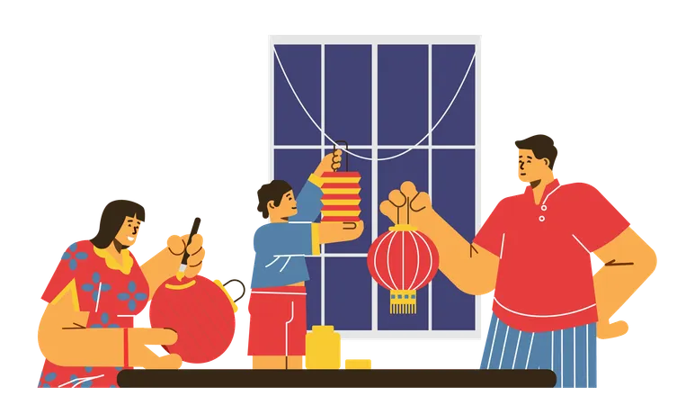 Une famille à table fabrique des lanternes chinoises  Illustration