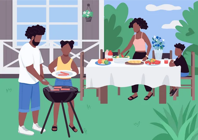 Famille africaine profitant d'une soirée barbecue dans le parc  Illustration