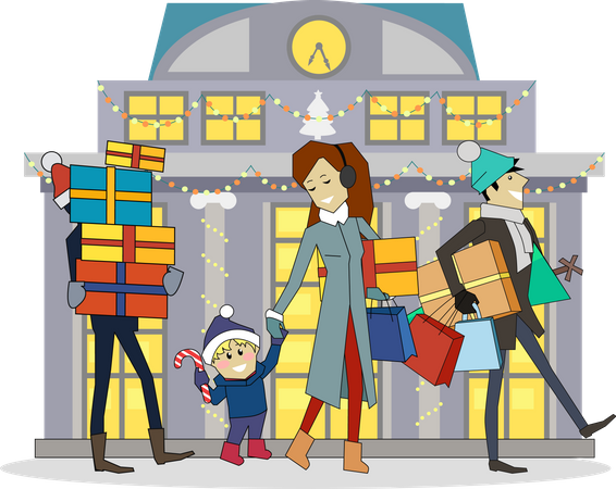 Famille allant faire du shopping pendant les vacances d'hiver  Illustration