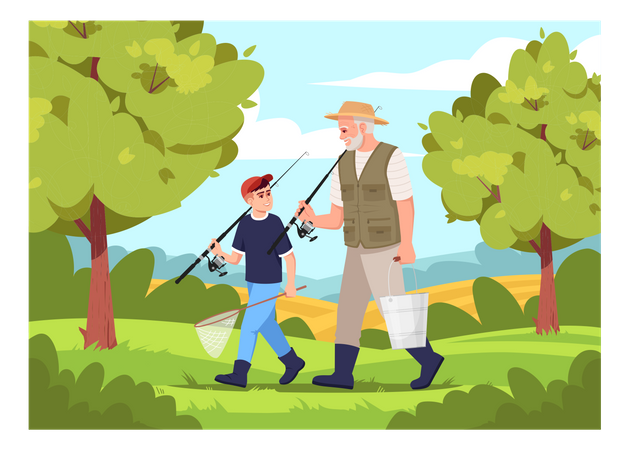 Famille allant pêcher ensemble  Illustration