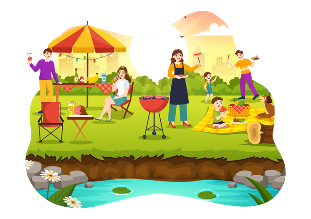 Famille bénéficiant d'une soirée barbecue  Illustration