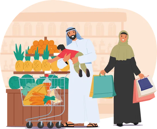 Famille arabe avec un enfant en bas âge faisant ses courses au supermarché  Illustration