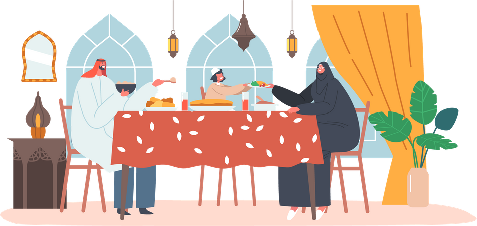 Famille arabe en train de dîner ensemble à table  Illustration