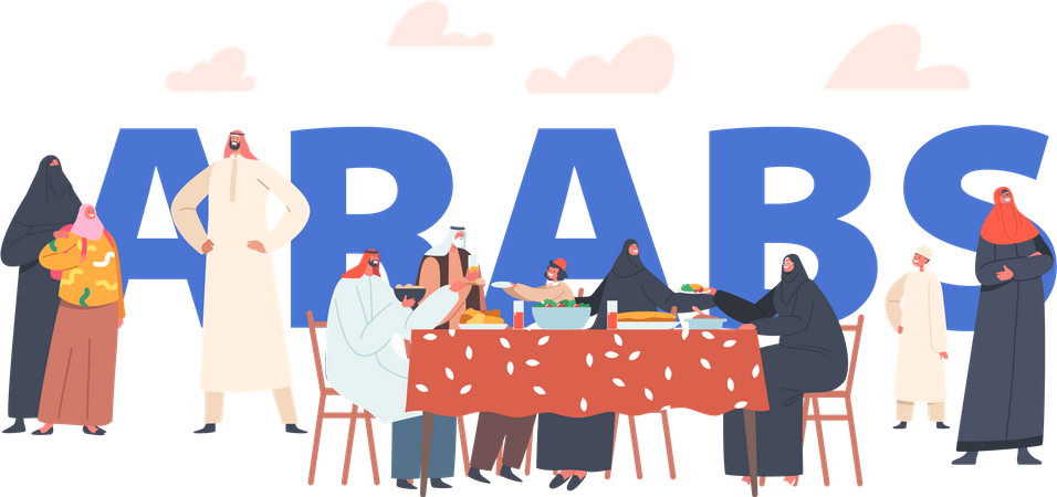 Famille arabe mangeant ensemble  Illustration