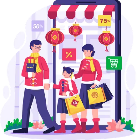 Famille asiatique faisant du shopping via smartphone  Illustration