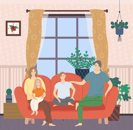 Famille assise sur un canapé ensemble  Illustration