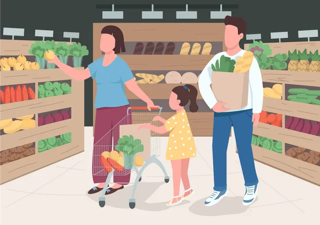 Famille au supermarché  Illustration