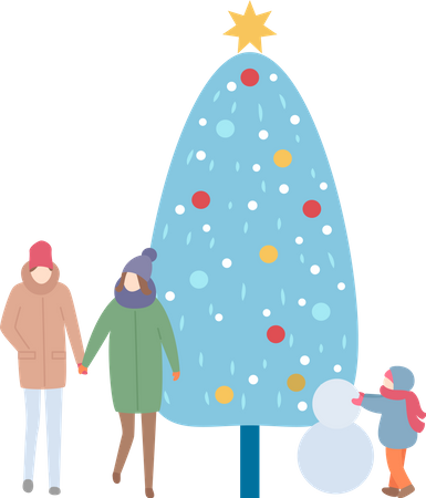 Famille avec arbre de Noël et bonhomme de neige  Illustration