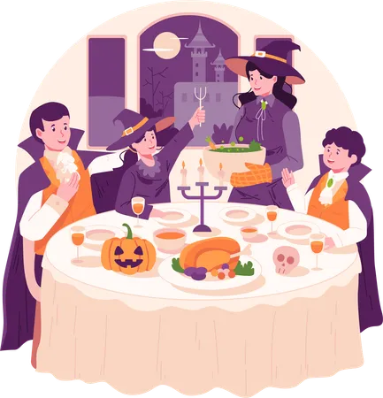 Famille avec des costumes en train de dîner ensemble le soir d'Halloween  Illustration