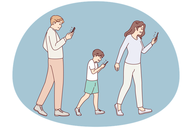 Famille avec un enfant accro aux smartphones  Illustration