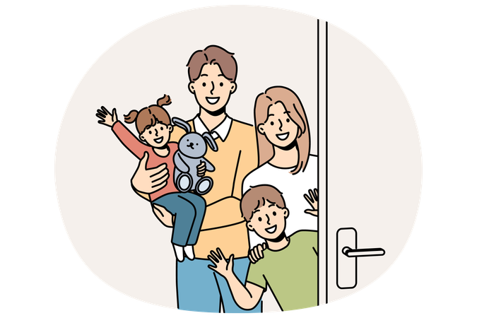 Une famille avec des enfants se tient près de la porte, invitant les invités au banquet et agitant les mains en guise de salutation  Illustration