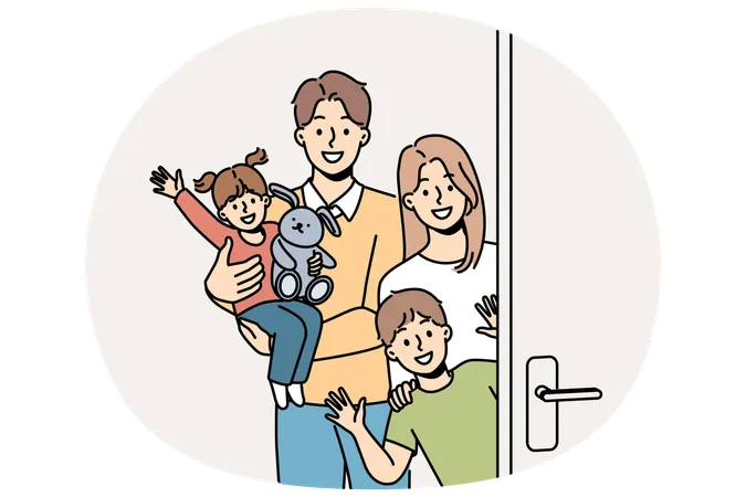 Une famille avec des enfants se tient près de la porte, invitant les invités au banquet et agitant les mains en guise de salutation  Illustration