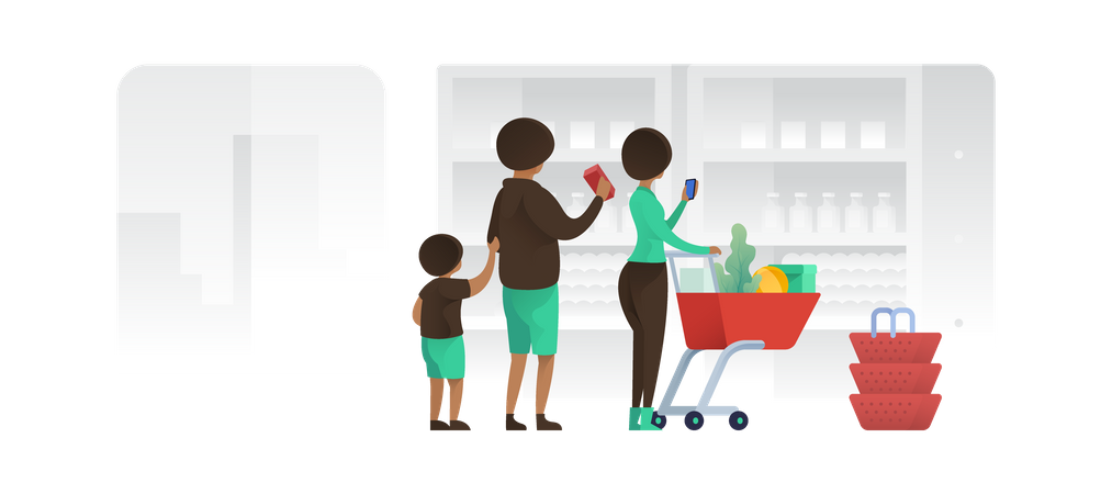 Famille avec un panier dans le centre commercial  Illustration