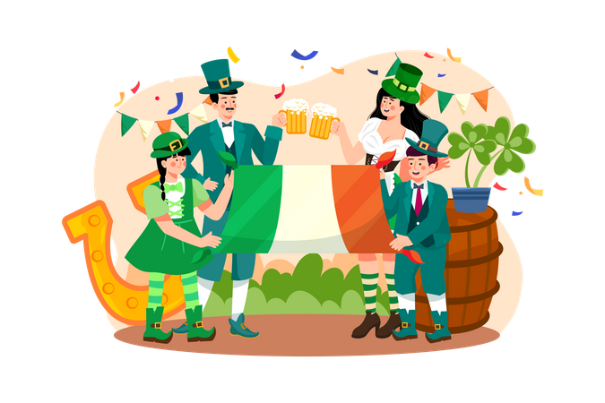 Famille célébrant la Saint-Patrick en buvant de la bière  Illustration